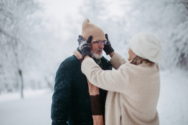 Elegant senior couple walking in the snowy park, during cold winter snowy day. Elderly woman fixing hat on the husband's head. Wintry landscape.