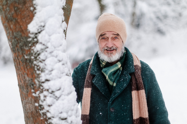 Portrait of elegant senior man standing by a tree, during cold winter snowy day. Elderly man spending winter vacation in the mountains. Wintry landscape.