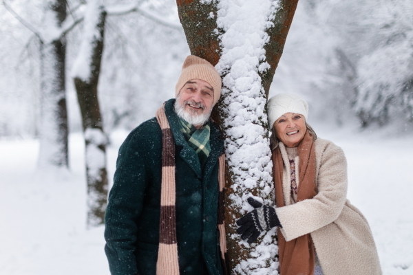 Elegant senior couple standing by a tree in the snowy park, during cold winter snowy day. Elderly couple spending winter vacation in the mountains. Wintry landscape.