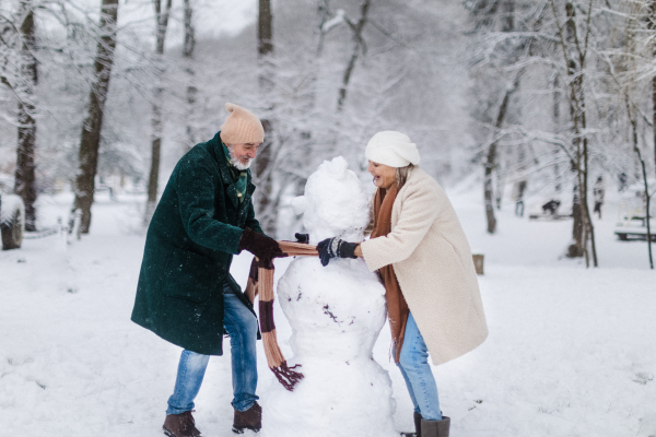 Elegant senior couple building snowman during cold winter snowy day. Elderly couple spending winter vacation in the mountains. Wintry landscape.