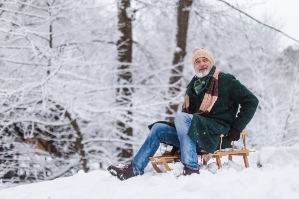 Senior man having fun during cold winter day, sledding down the hill. Elderly man spending winter vacation in the mountains. Wintry landscape.