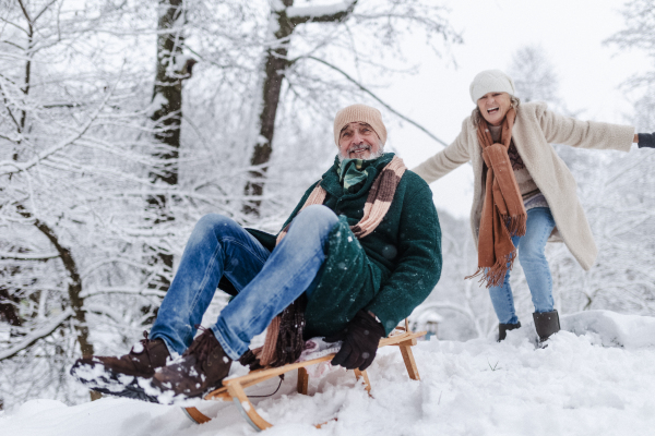 Senior couple having fun during cold winter day, sledding down the hill. Senior man on sled. Elderly couple spending winter vacation in the mountains. Wintry landscape.