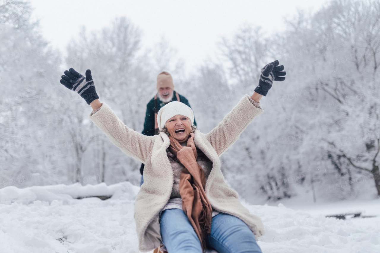 Senior couple having fun during cold winter day, sledding down the hill. Senior woman on sled. Elderly couple spending winter vacation in the mountains. Wintry landscape.