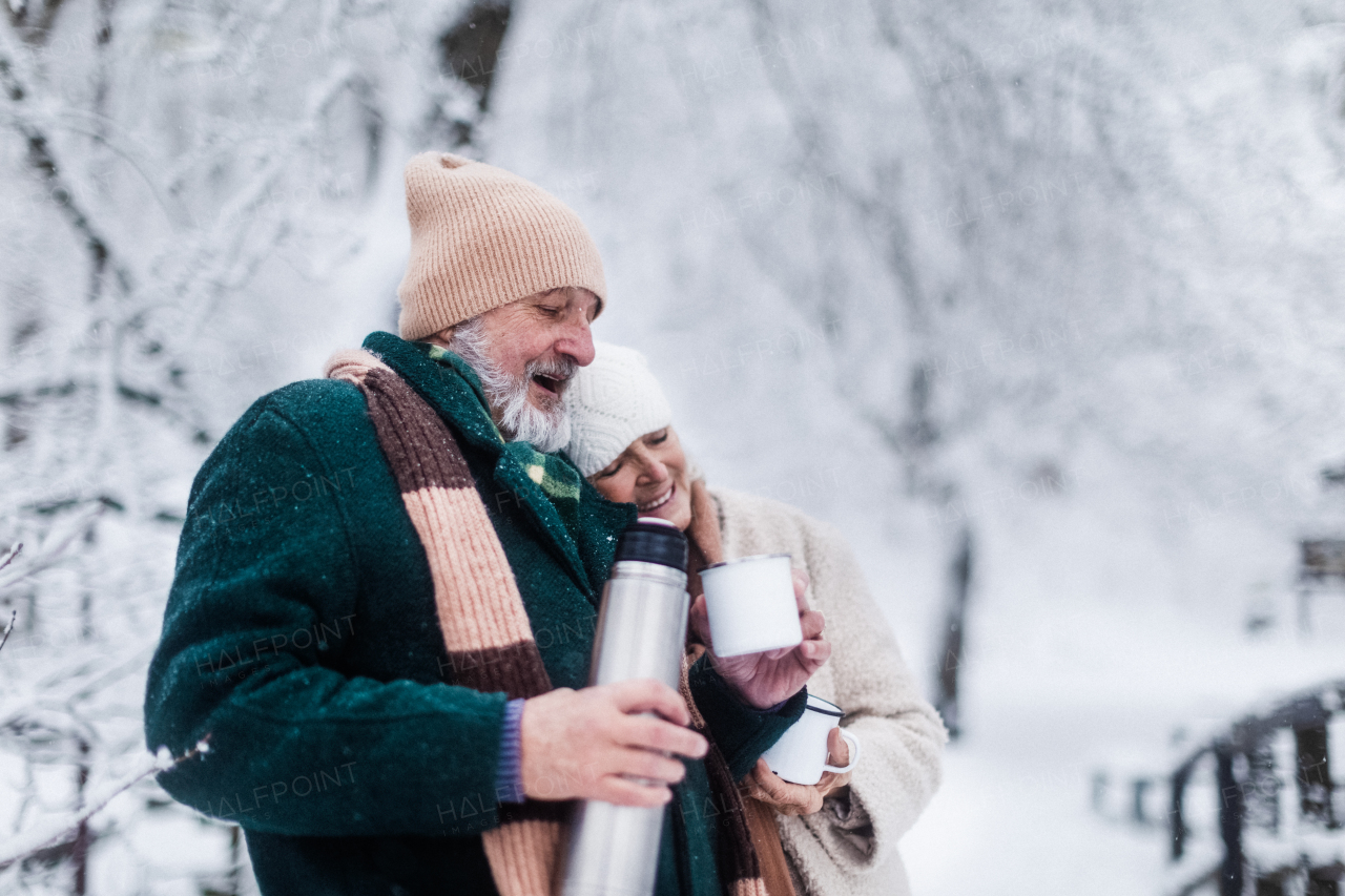 Elegant senior couple having hot tea outdoors, during cold winter snowy day. Elderly couple spending winter vacation in the mountains. Wintry landscape.