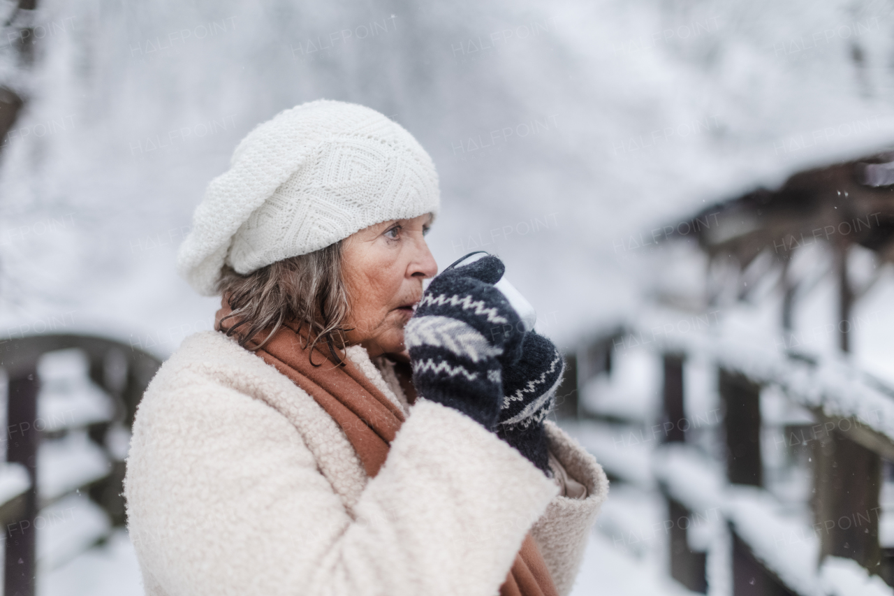 Portrait of elegant senior woman drinking hot tea outdoors, during cold winter snowy day. Elderly woman spending winter vacation in the mountains. Wintry landscape.