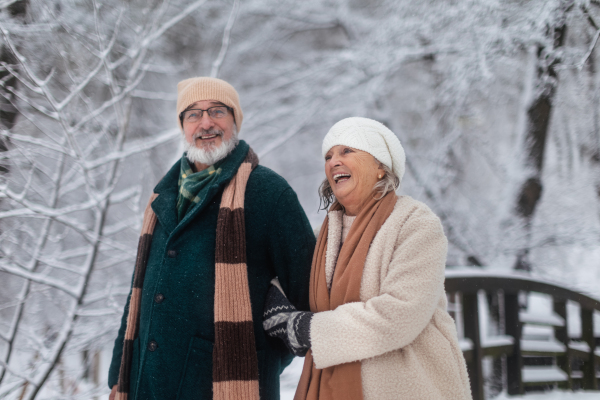 Elegant senior couple walking in the snowy park, during cold winter snowy day. Elderly couple spending winter vacation in the mountains. Wintry christmas landscape.