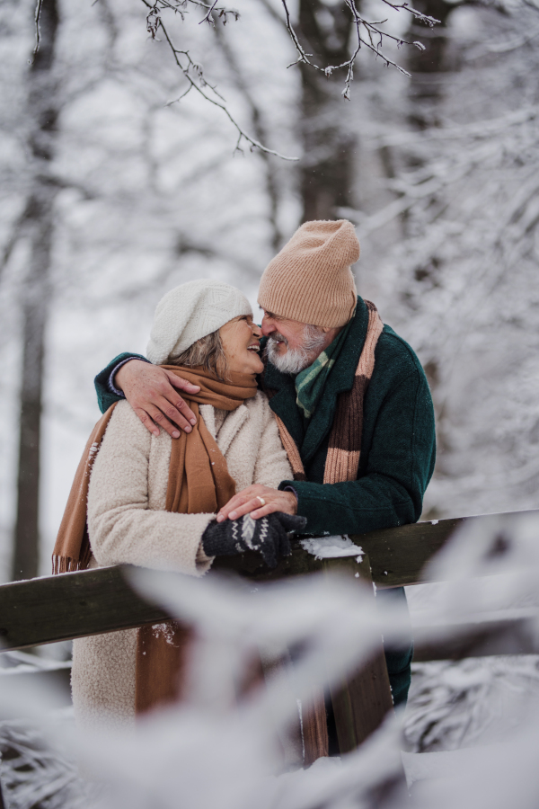 Elegant senior couple kissing in the snowy park, during cold winter snowy day. Elderly couple spending winter vacation in the mountains. Wintry landscape.