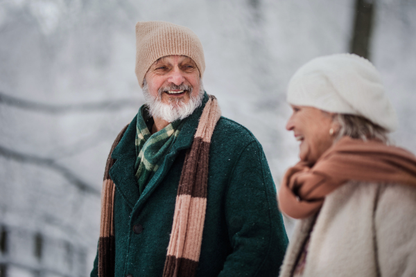 Close-up of elegant senior man walking with his wife in the snowy park, during cold winter snowy day. Elderly couple spending winter vacation in the mountains. Wintry landscape.