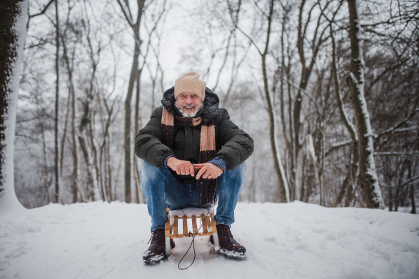 Senior man having fun during cold winter day, sledding down the hill. Elderly man spending winter vacation in the mountains. Wintry landscape.