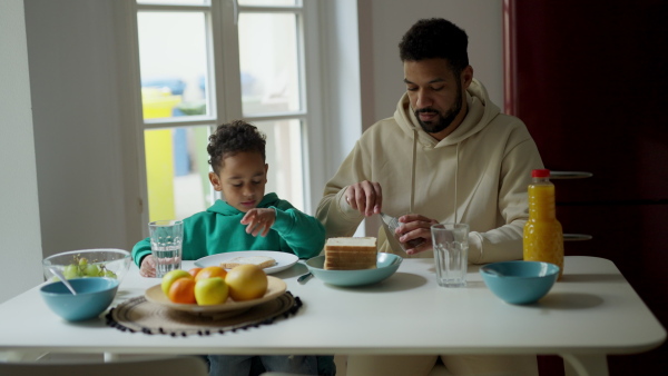 Young father and his little son having breakfast together in their flat.