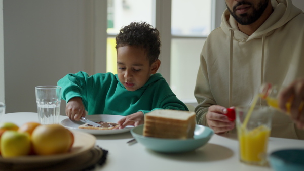 Young father and his little son having breakfast together in their flat.