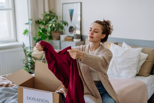 Young woman giving her clothes packed in box to charity.