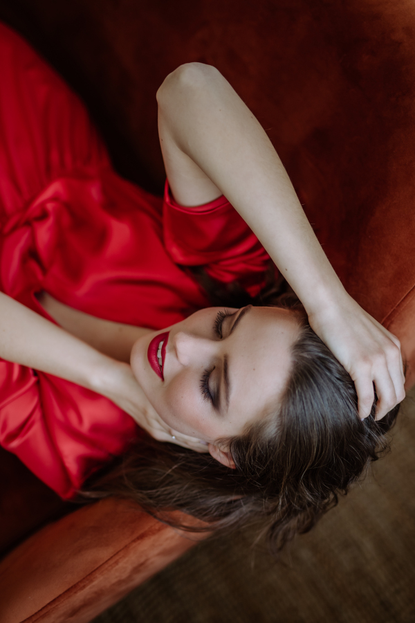 Top view of an young woman with evening make-up.