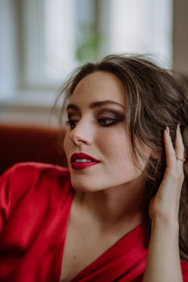 Top view of an young woman with evening make-up.