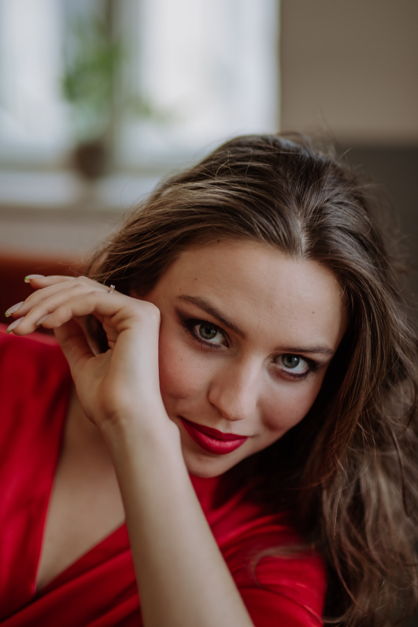 Top view of an young woman with evening make-up.