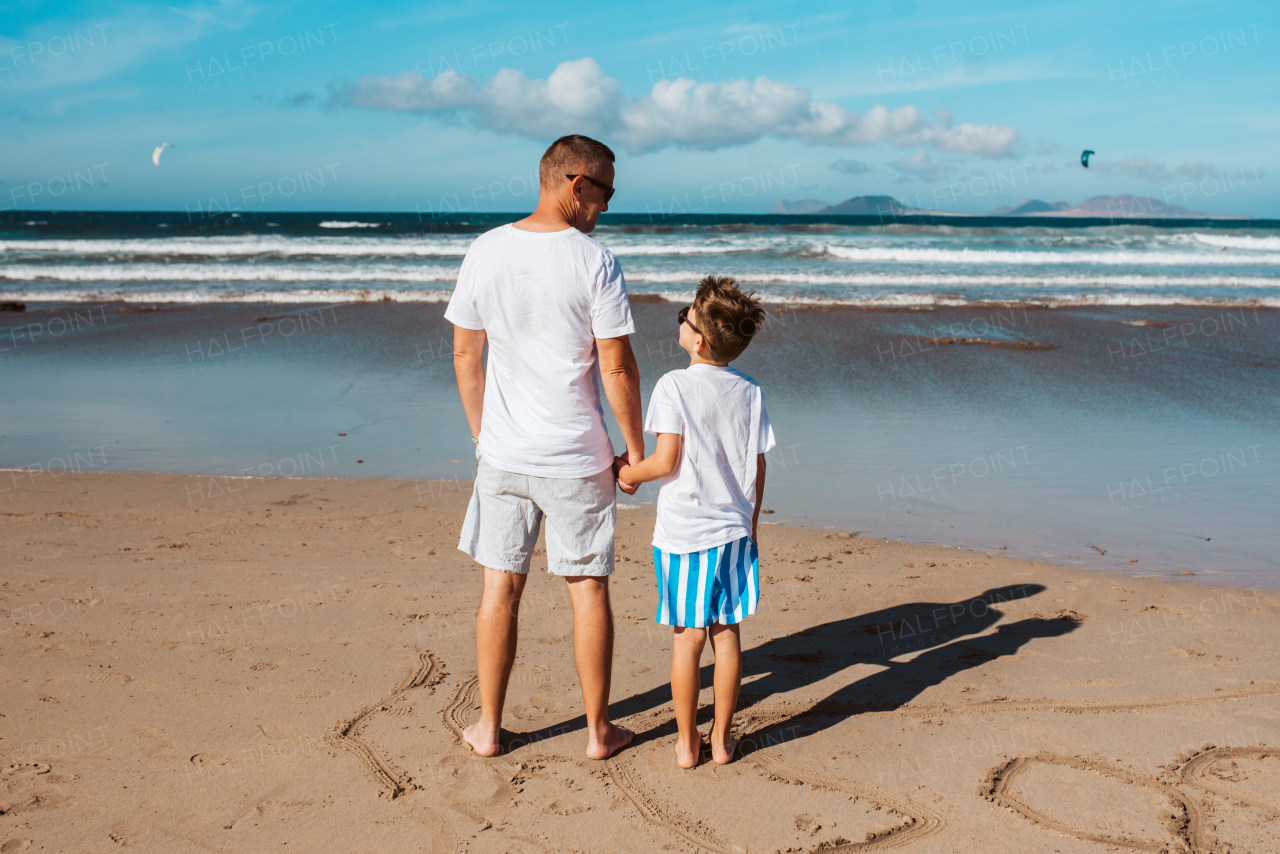 Rear view of father and son on at beach. Dad and boy enjoying sandy beach in Canary Islands. Concept of family beach summer vacation with kids.