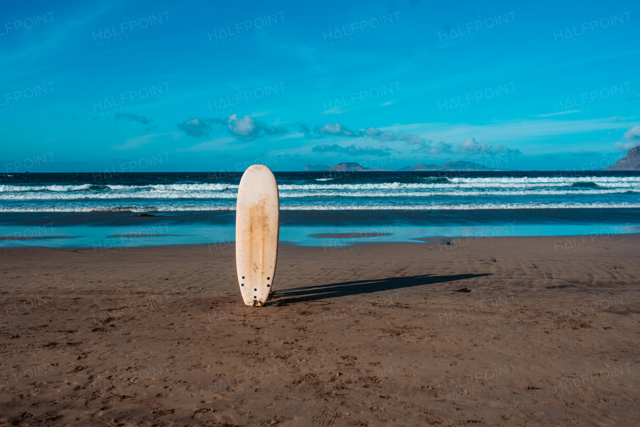 Surfboard stucked in sand on a sunny beach during sunset.