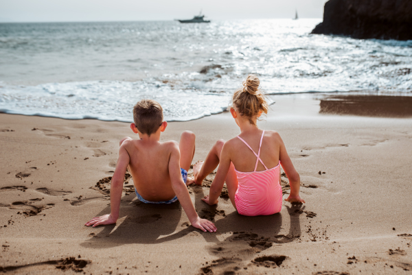 Siblings playing on beach, sitting in wet sand. Rear view of the girl and boy in swimsuits on sandy beach of Canary islands. Concept of family beach summer vacation with kids.