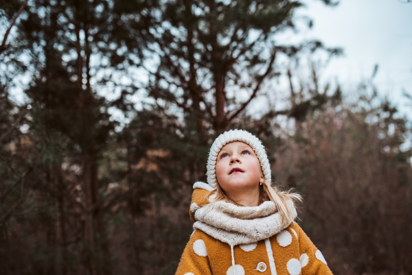 Portrait of a little girl standing in the forest, dressed in warm clothing, looking up at the sky. Spending time outdoors, early spring or autumn season.