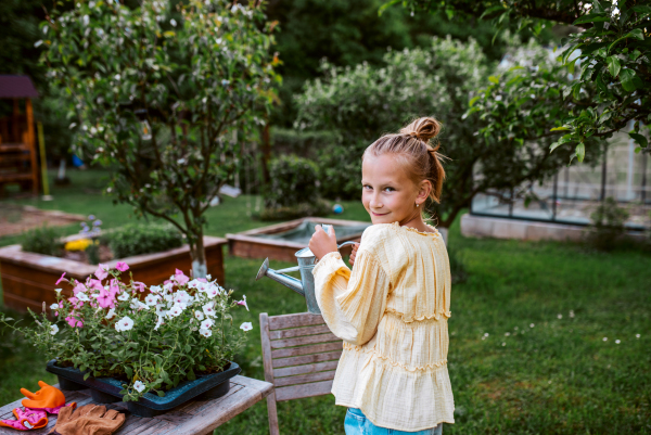 Young girl watering flower seedlings in tray, holding metal watering can. Taking care of garden and planting spring flowers.