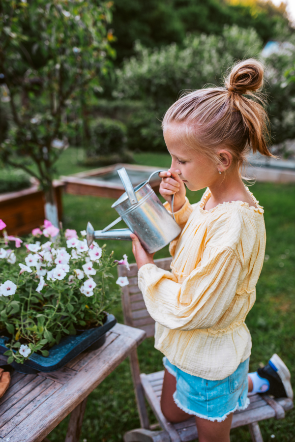 Young girl watering flower seedlings in tray, holding metal watering can. Taking care of garden and planting spring flowers.