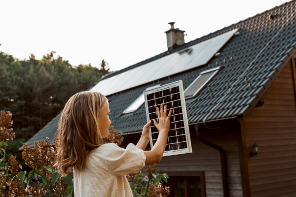 Little girl with model of solar panel, standing in the middle of meadow, house with solar panels behind. Concept of renewable resources, sustainability and green energy.