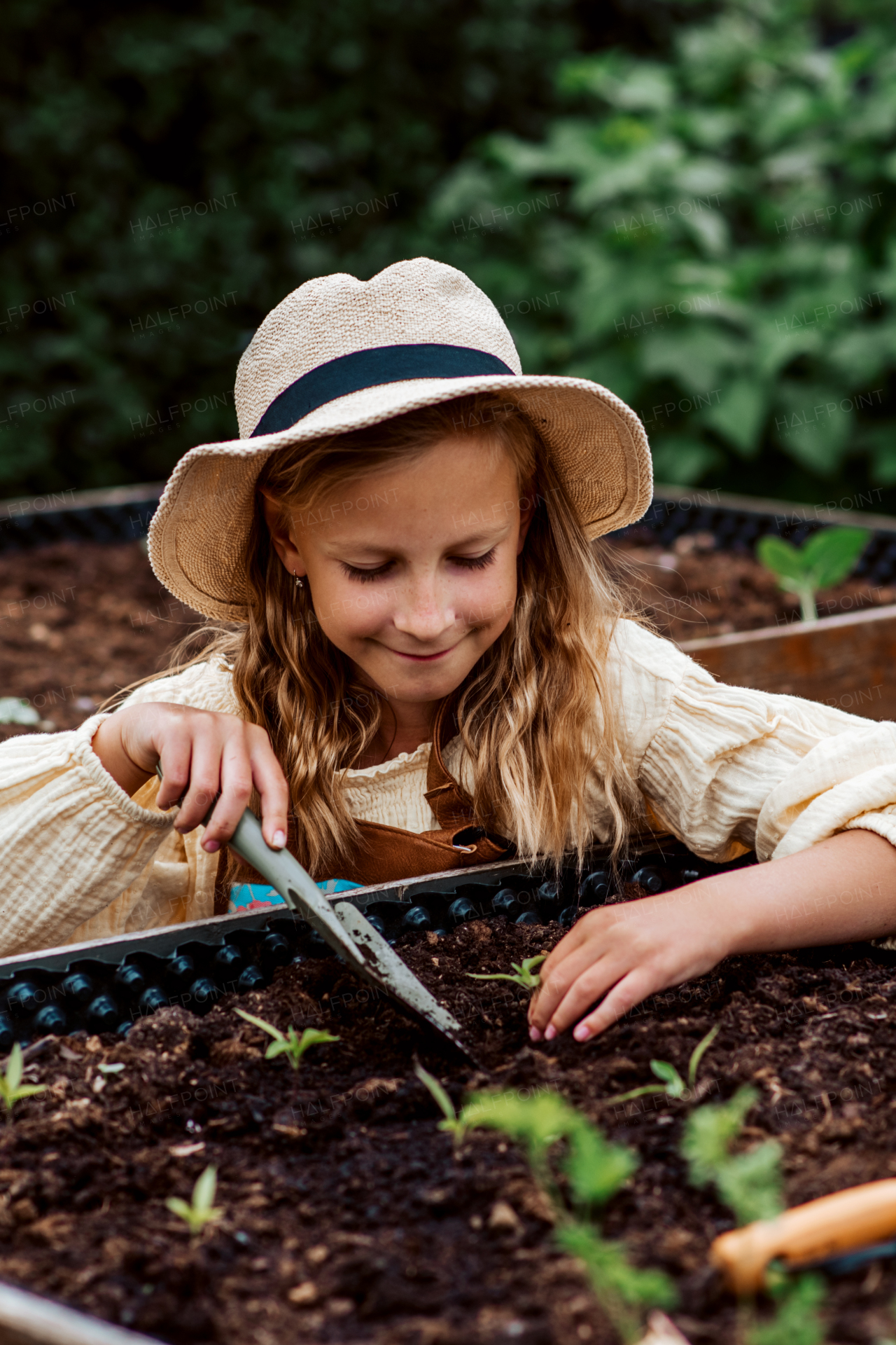 Young girl taking care of small vegetable plants in raised bed, holding small shovel. Childhood outdoors in garden.