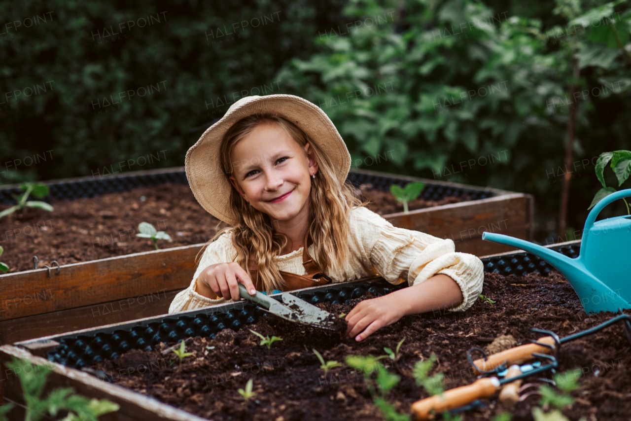 Young girl taking care of small vegetable plants in raised bed, holding small shovel. Childhood outdoors in garden.