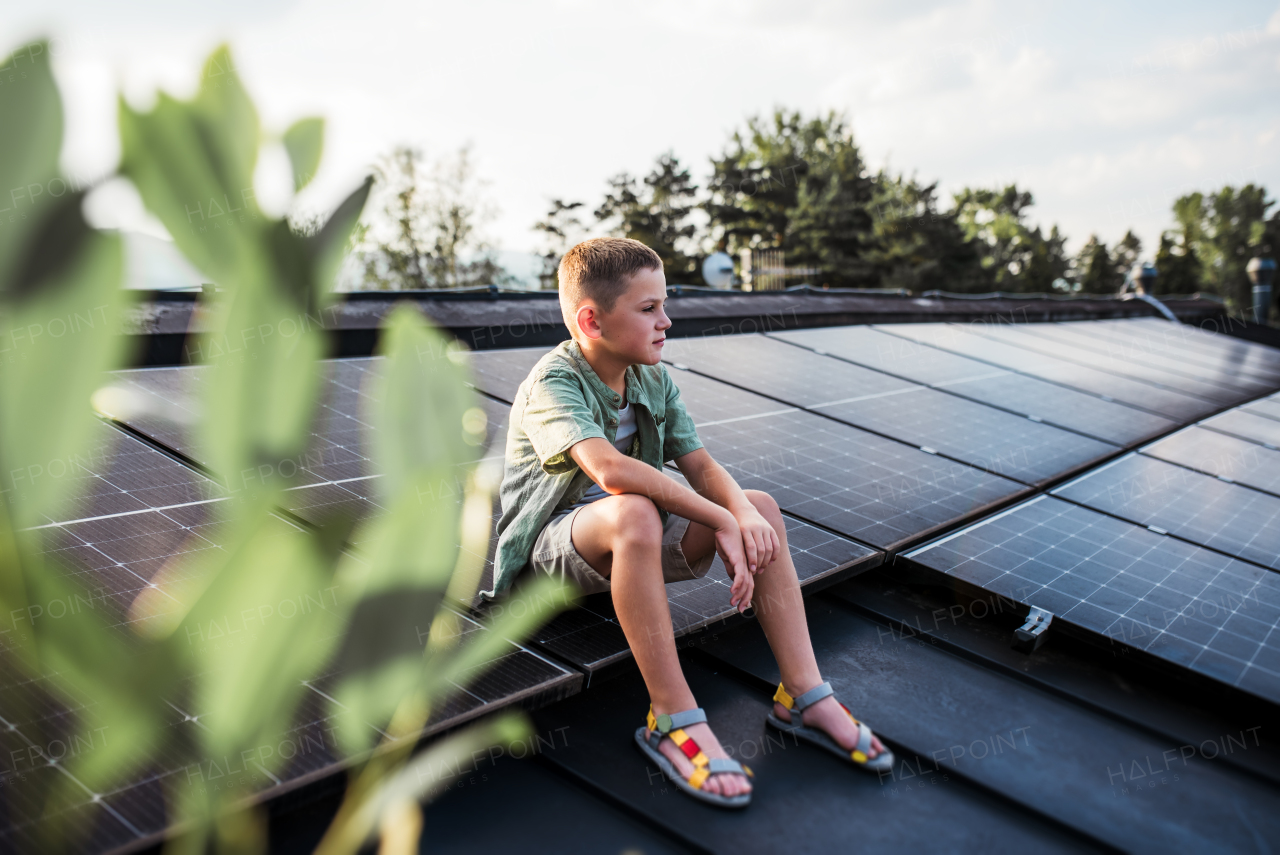 Cute boy sitting on roof with solar panels, looking at surrounding nature. Sustainable future for next generation concept.