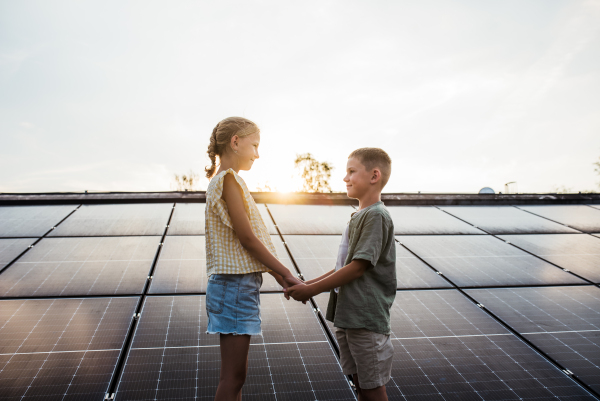 Two young siblings on roof with solar panels, looking at each other.Sustainable future for next generation concept.