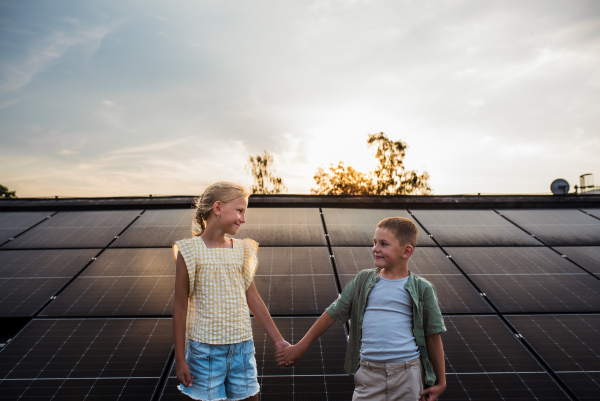 Two young siblings on roof with solar panels, looking at each other.Sustainable future for next generation concept.