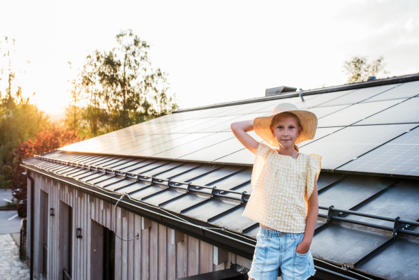 Girl standing in front of roof with solar panels during sunset, smiling and holding her hat. Sustainable future for next generation concept.