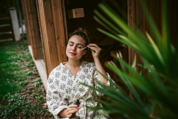 Beautiful woman doing her skin care routine outdoors, wearing bathrobe. Woman using facial skin serum