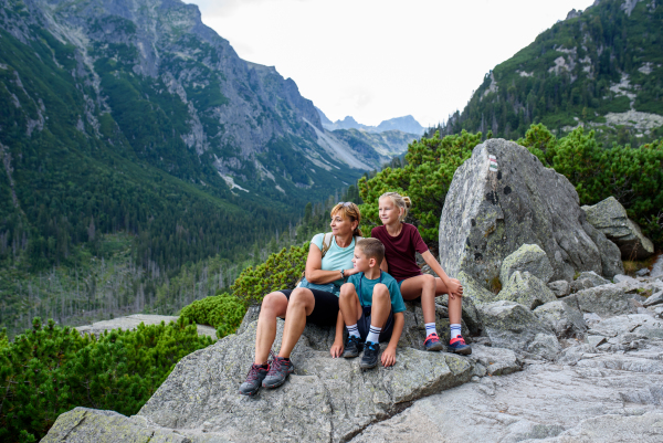 Grandmother with grandchildren on hike in autumn mountains. Kids spending summer break in nature with a family.