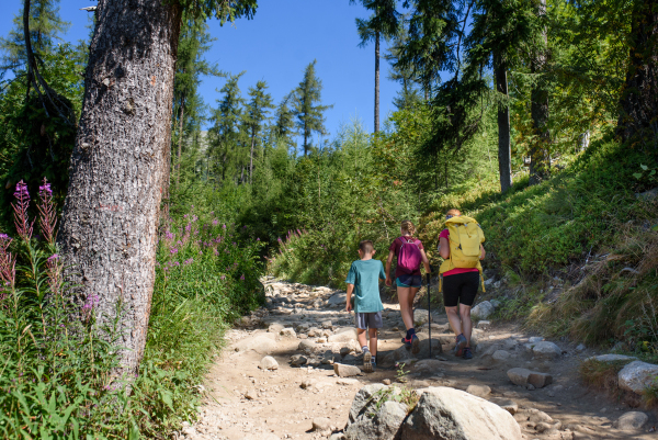 Grandmother with grandchildren on hike in autumn mountains. Kids spending summer break in nature with a family.