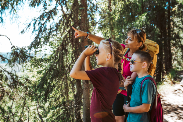 Side view of grandmother with grandchildren on hike in autumn mountains, enjoying view. Using binoculars.