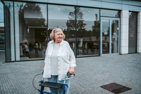 Senior woman walking on city street with rollator, running errands.