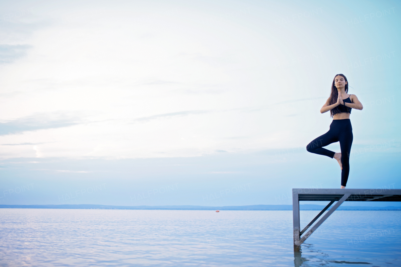 A young beautiful sportive girl meditating at early morning by the lake.