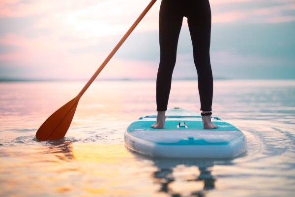 A rear view of girl surfer paddling on surfboard on the lake at sunrise, lowsection.