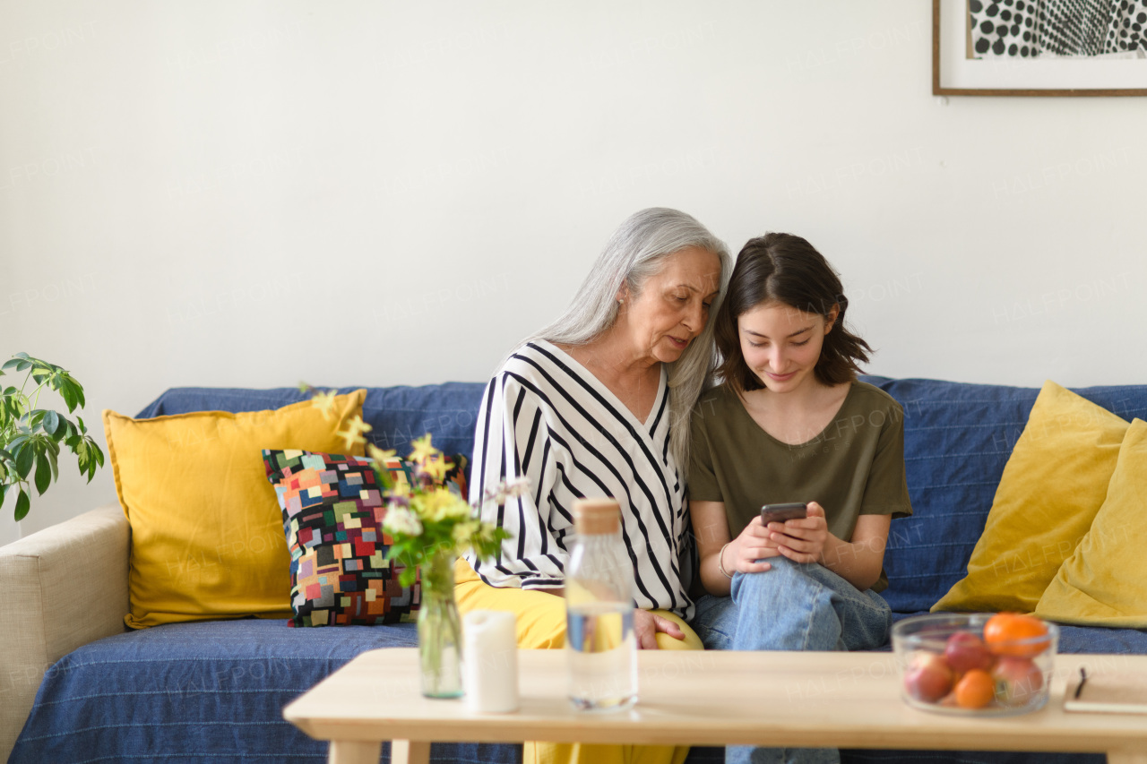 A happy senior grandmother with teenage granddaguhter sitting on sofa and using smartphone together at home.