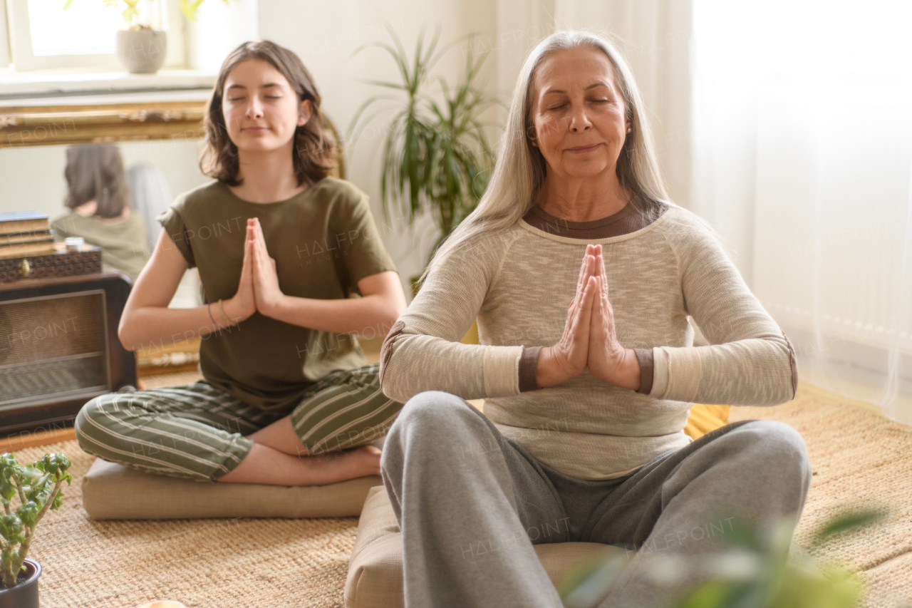 A grandmother with granddaughter sitting on floor and meditating at home