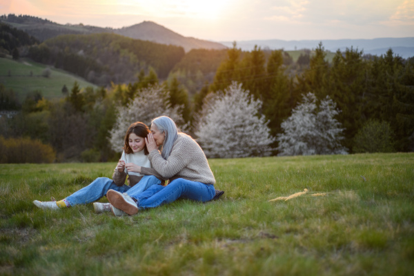 A happy senior grandmother with teenage granddaguhter sitting on grass in nature on spring day.