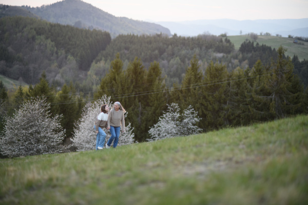 A happy senior grandmother with teenage granddaguhter on walk in nature on spring day.