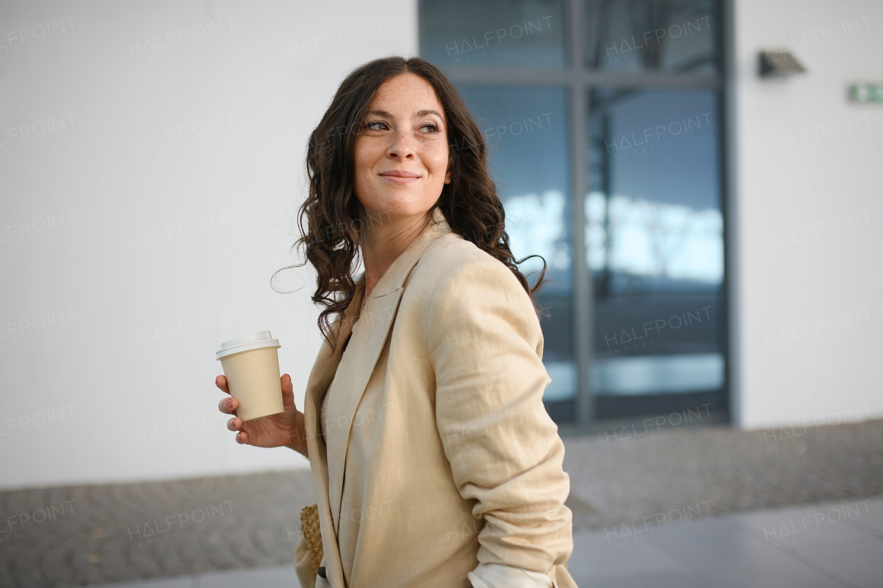 A successful happy businesswoman commuting in the morning in city street, holding cofee cup.