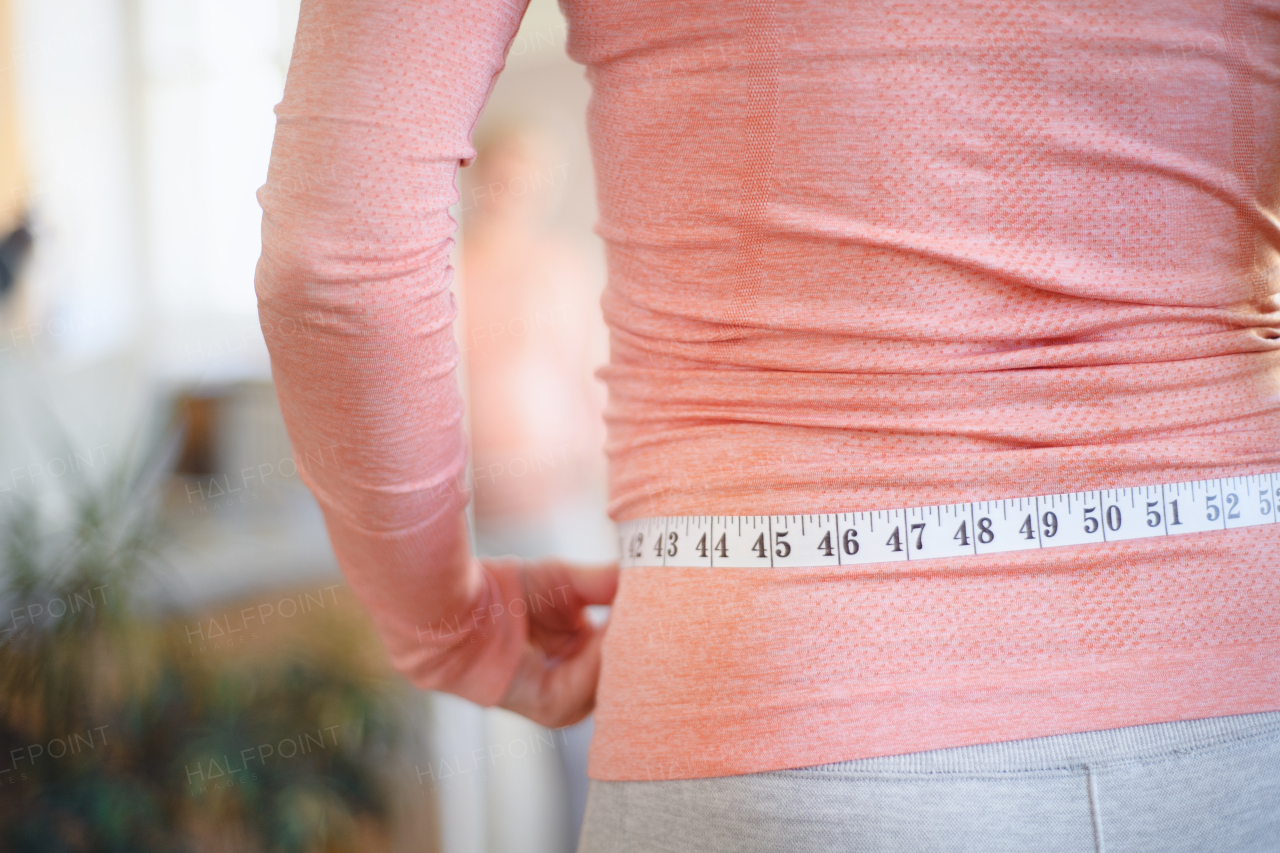 Rear view of a woman measuring her pregnant belly in front of a mirror.