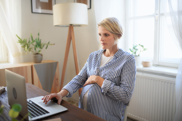 A pregnant woman having home office.