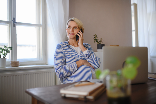 Pregnant woman having home office, calling.