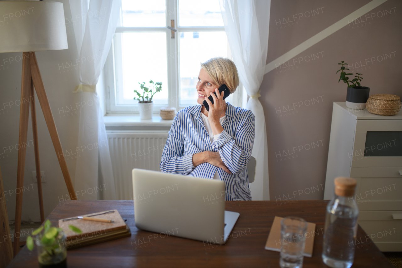 Pregnant woman having home office, calling.