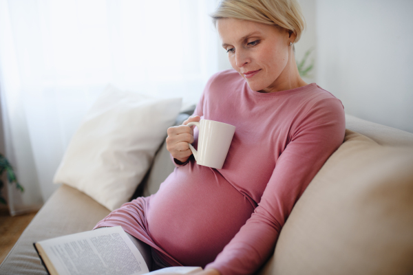 Pregnant woman sitting on sofa, reading book and enjoying a cup of tea.