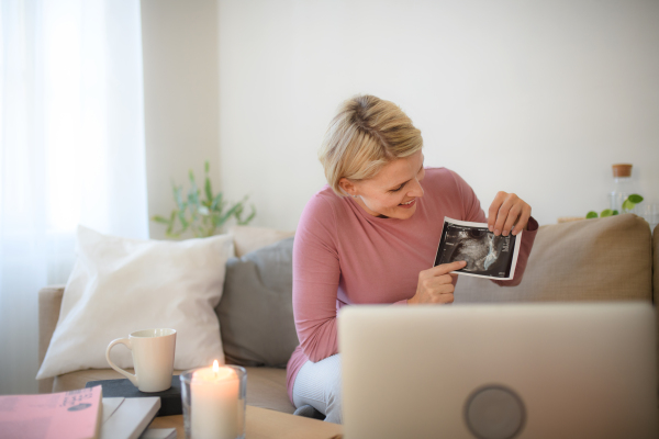 Pregnant woman showing ultrasound photo of a baby to webcam.